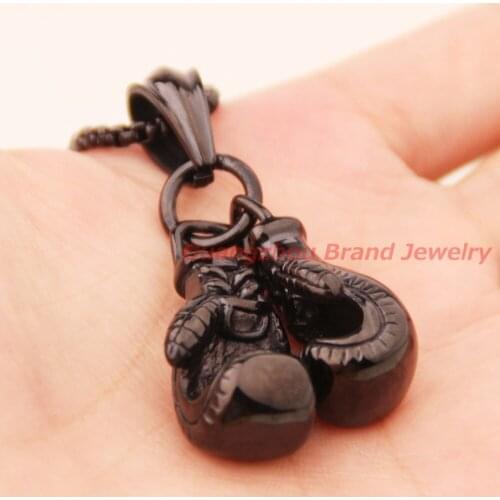 New Arrival 2pcs/set Black Color Biker 316L Stainless Steel Cool Boxing Glove Pendant Free Rope Chain Mens Boys Necklace