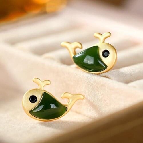 Original silver inlaid natural Hetian Jasper Earrings Chinese style retro lovely dolphin little fresh FAIRY CHARM brand jewelry