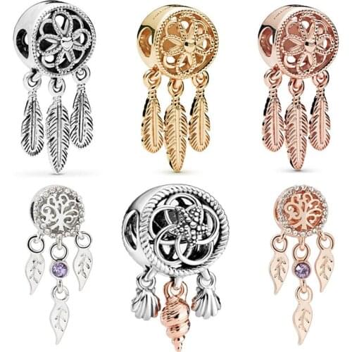 Silver Color Dreamcatcher Pendant Fit Original Pandora Charms Bracelet for Women Leaf Feather Conch Shell Dream Catcher Bead DIY