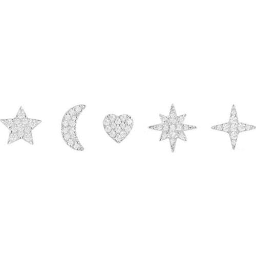 SOELLE 5pcs/set 925 Sterling Silver Luxury AAA Cubic Zirconia Star Moon Heart Stud Earrings Women Geometric Design Party Jewelry