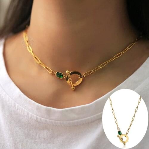 Vintage Green Stone Paperclip Chain Choker Necklace Women Girls Gold Stainless Steel Toggle Clasp Chic Fashion Jewelry DN277