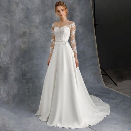 Vintage A-Line Long Sleeve Wedding Dress 2021 Sheer O-Neck Lace Appliques Sweep Train Chiffon Civil Bridal Gown With Button