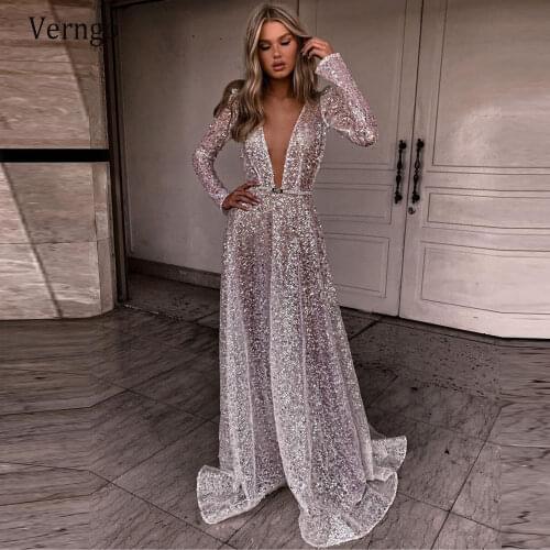 Verngo 2021 Glitter A Line Long Sleeves Evening Dresses Deep V Neck Sexy Prom Gowns Women Occasion Formal Vestidos de fiesta
