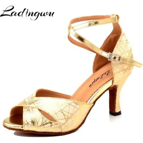 Ladingwu PU Latin Dance Shoes Womans Salsa Shoes Silver Golden Black Women Ballroom Dance Competition Shoes Soft Bottom Sandals
