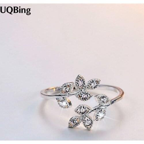 925 Sterling Silver Crystal Cubic Zirconia Leaves Rings for Women Statement Rings Wedding Jewelry Girls Party Gifts