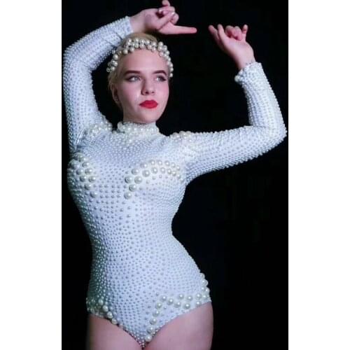 Roupa Feminina Sexy White Pearl Jumpsuit Spandex Female Singer Costume Show Stretch Stage Wear Long Sleeve Dress Women VDB1005