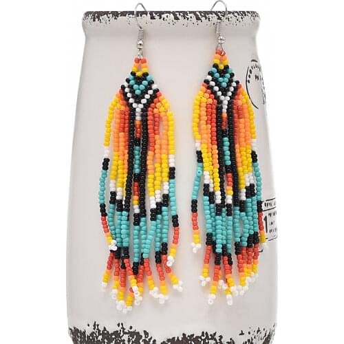 Big Long Dangle Ethnic Tribal Acrylic Beaded Tassel Earrings Fringe Seed Bead Boho Statement Earrings for Women African Jewelry