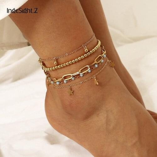 IngeSight.Z 5Pcs/Set Boho Summer Beach Star Pendant Anklet Bracelet Beaded Anklets On Foot Barefoot Sandals for Women Jewelry