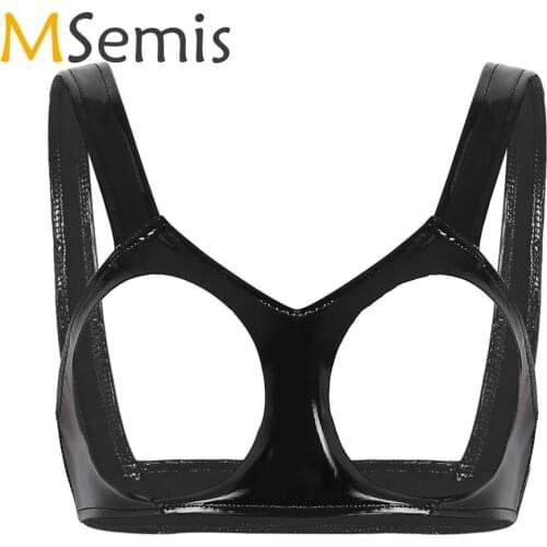Women Porno Cupless Bra Lingerie Wetlook Latex Bustier Sexy Open Cup Faux Leather Bralette Top Femme Hollow Out Nipples Bra Tops
