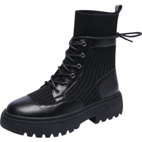 Black Womens Ankle Boots Thick-soled Handsome Lace Up Ladies Motorcycle Boots Leisure Leather Women Rubber Boots