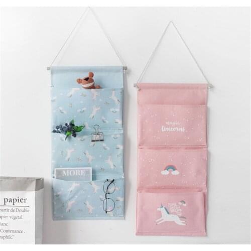 Unicorn 3 Pockets Wall Hanging Storage Bags Cotton Linen Door Organizer Pouch Bedroom Home Decoration Kitchen Bathroom Storage