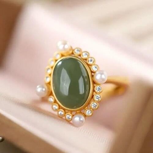 Natural Hetian jade oval egg face Chinese style retro creative luxury inlaid pearl zircon silver open rings for women