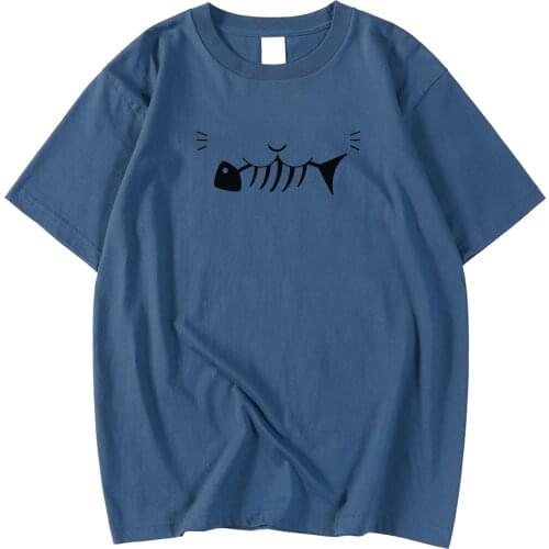 Fashion Comfortable Mens Tees Shirts Spring Summer T-Shirt Abstract Cat Eat Fish Bones Print Top Oversized S-Xxxl T Shirt Man