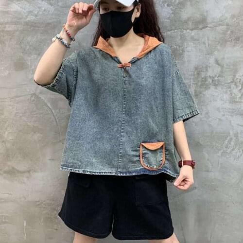 New Denim Tshirts Summer Casual Loose Color Patchwork Hooded Pocket Vintage Washed Bleached Female Wild Tops Fashion