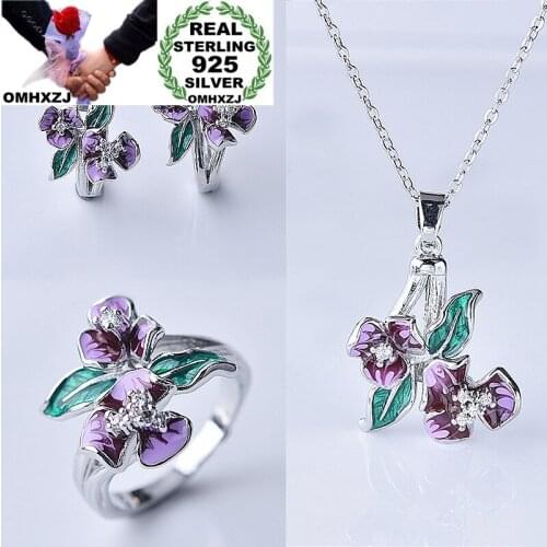OMHXZJ Wholesale JE34 Fashion Woman Party Birthday Wedding Gift Flower 925 Sterling Silver Necklace+Earrings+Ring Jewelry Set