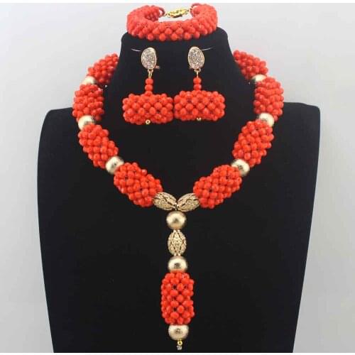 Orange African Beads Jewelry Set Party Crystal Pendant Necklace Earrings Bracelet Set Mother Birthday Gift Free Shipping E0086