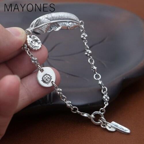 MAYONES Vintage Indian Style Eagle Sun Feather Tag Bracelet Men Women 100% Pure Sterling Silver 925 Handmade Thai Silver Jewelry