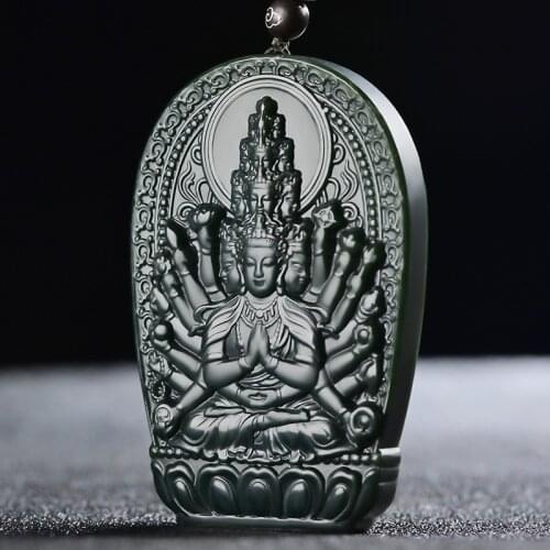 Natural A hetian green jade pendant black jade avalokitesvara guanyin handcarved jadeite jade necklace pendants jade jewelry