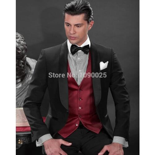 JELTONEWIN New Italian Design Mens Suit Black Smoking Jacket Pant Burgundy Vest Groom Mens Wedding Dress 3 Pieces Party Tuxedo
