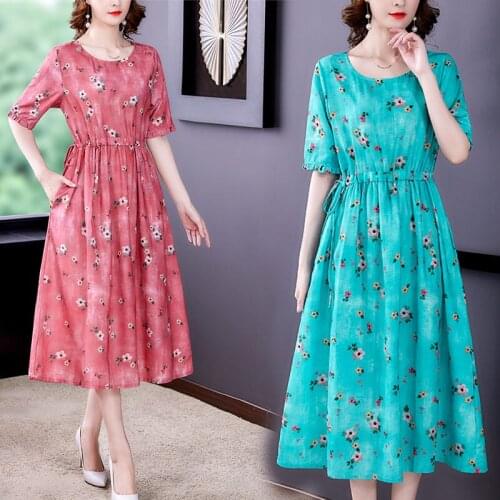 Large Size Short Sleeve Dress Cotton And Linen Loose Midi Vintage Floral Pattern Slim Roud Neck Dress Casual Lace Up Robe zh1445