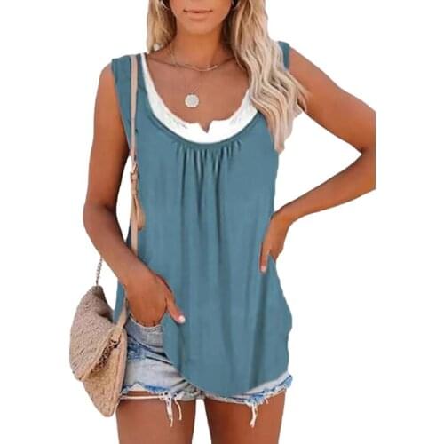 Collar Stitching Pleated T-shirt Simple Solid Color Womens Mid-length Sleeveless Tops Casual All-match Womens Vest T-shirts