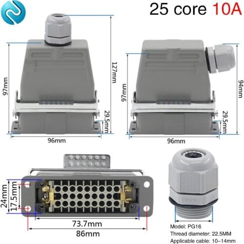 Heavy duty connector rectangular 25 core h16a-hd-025mf cold press industrial waterproof aviation plug socket 10A