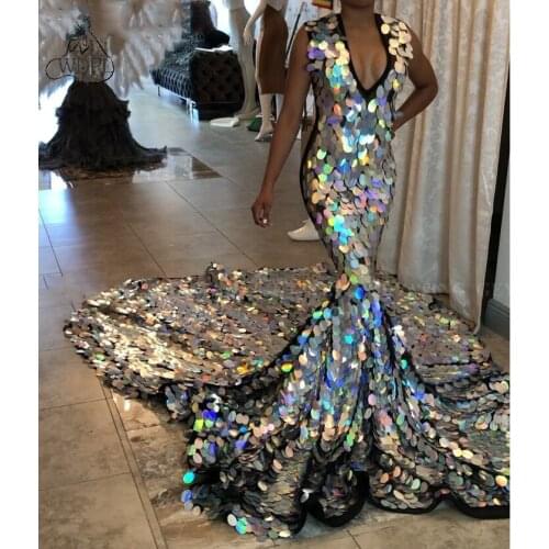 Luxury Long Train Silver Mermaid Prom Dress for Black Girls 2020 Sparkly Sequin V-Neck African Formal Evening Dresses Plus Size