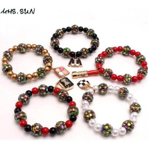 MHS.SUN Fashion Girls Chunky Rhinestone Basketball Beads Bracelet Bag/Lipstick Charm Bangle Elastic Jewelry For Kids Party 1PC
