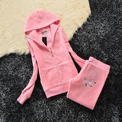 Juicy Lovers Brand Shiny Diamonds Embroidery Women Sporting Suit Slim Velvet Casual Tracksuits Hooded Collar Sportswear Suits