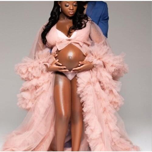 Unique Tulle Maternity Robes Women Sheer Long Maxi Photoshoot Fluffy Tiered Tulle Robe Formal Event Overlay Dress