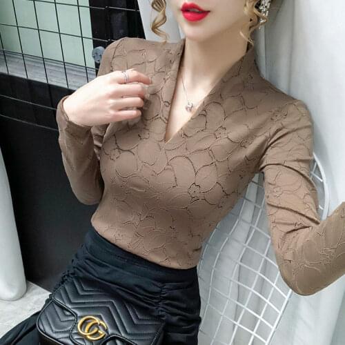 Women Blouse V-neck Lace Womens Long Sleeve Autumn Winter Mesh Top Blusas Ropa De Mujer