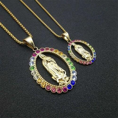 2020 New Arrival 316L Stainless Steel Chain Gold Color Iced Out Madonna Virgin Mary Pendant Necklace for Women Hip Hop Jewelry