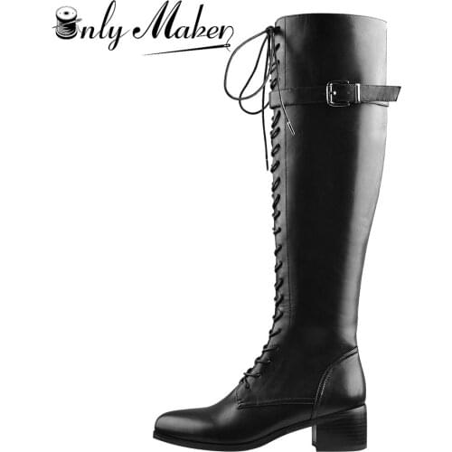 Onlymaker Womens Knee High Boots Lace Up Buckle Strap Round Toe Patchwork Surface Side Zipper Black Long Fashion Shoes