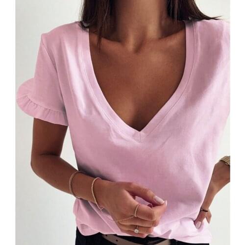 Womens Summer Simple Solid Color V-Neck Ruffle Short Sleeve Top Pink XXL Size