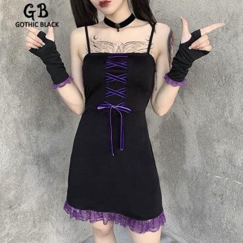 Gothblack Slim Vintage Splice Lace Backless Mini Dress Women Gothic Bow Lace Up Spaghetti Straps Dress Female Summer Party Dress