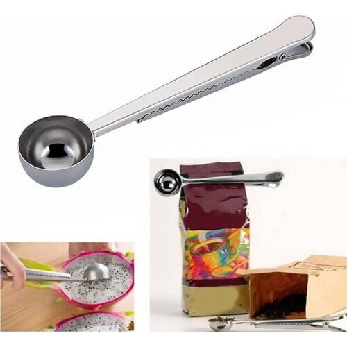 1pcs Coffee Scoop Clip 2 in 1 Long Handle Stainless Steel Spoon Food Bag Sealer Tea Scooper Practical Long Handle Spoon