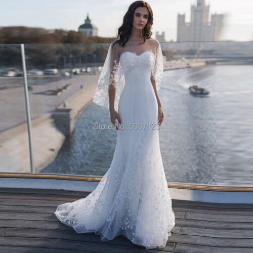2020 Mermaid Wedding Dresses with Wrap Strapless Sleeveless Elegant Appliqued Bridal Gown Vestido De Noiva Robe de Mariee