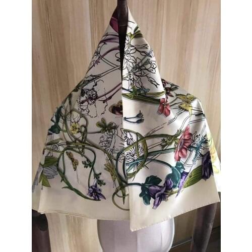2021 new arrival winter spring classic white flower 100% pure silk scarf twill hand made roll 90*90 cm shawl wrap for women lady