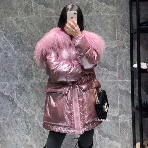 -30 degrees high quality Natural Sheep Fur Winter Down Coat Women Oversize 90% White Duck Down Jacket Female Thicken Warm Parkas