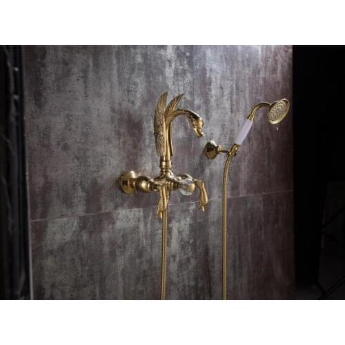 Free ship luxury Gold wall mounted swan Bath Tub shower Filler Faucet with Hand shower SWAN handles crystal diverter