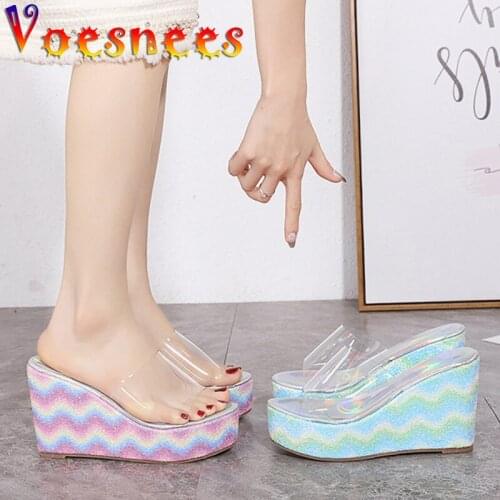 Transparent Sandals Korean Style Bling Rainbow Platform Slippers Walk Show Wedges All-Match Women Shoes Sweet Wedding High Heels