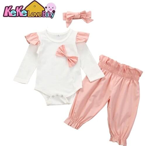 Baby Girl Clothes Newborn Infant Outfit Set 3Pcs Winter Baby Bowknot Tops Romper Pants Headbands Toddler Girls Clothing Sets