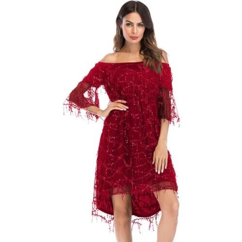 ENLU Luxury red Sequined word collar sleeve dress tassel irregular hem sexy dress party dress