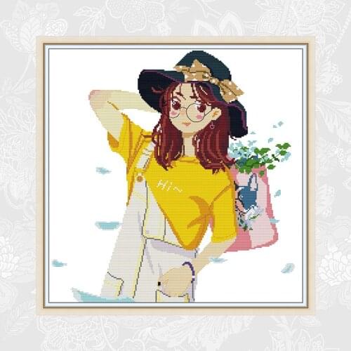 Joy Sunday Cross-stitch Fashion Girl Printed On Canvas 11CT 14CT DIY Handwork Beginner Cross Stitch Kits Embroidery Needlework