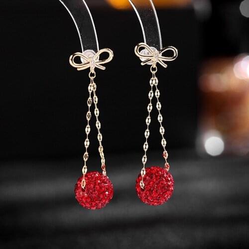 Korean New Summer Fashion Jewelry Women Elegant Beautiful Sliver Earrings Long Simple Bowknot Red Grey White Diamond Ear Studs