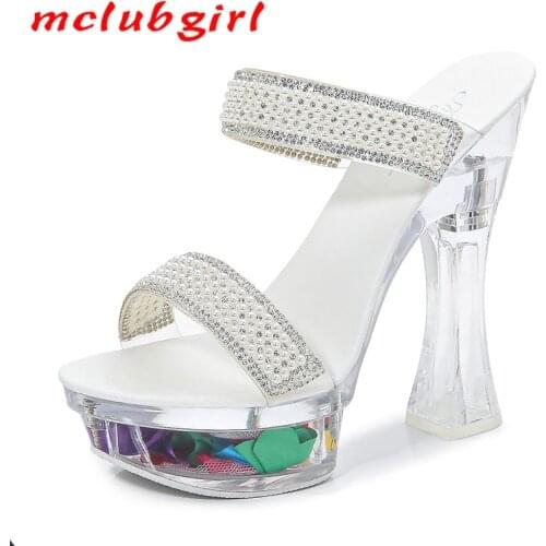 Mclubgirl 2020 Transparent Super High Heel Thick Heel Summer Female Waterproof Platform Pearl Sexy Fairy Slippers LFD