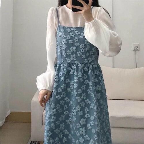 Sweet Floral Dress Sets Women Long Lantern Sleeve White Undershirts Gentle Strap Embroidery Mid-Calf Dresses Ulzzang cute dress