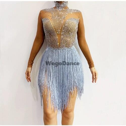 New Women Clothing Shining Silver Rhinestones Fringes Bodysuit Birthday Prom Celebrate Transparent Leotard Vening Dance Costume