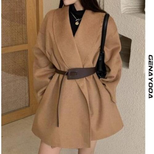 Genayooa Autumn Winter Solid Ladies Coat Vintage Long Sleeve V Nevk Elegant Woolen Overcoat Women With Belt Outerwears Fashion