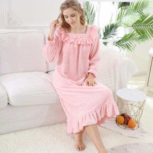 Autumn Sleepdress Women Flannel Fleece Long Warm Princess Nightdress Homewear Girl Winter Thicken Nightgown Nightwear Plus Size